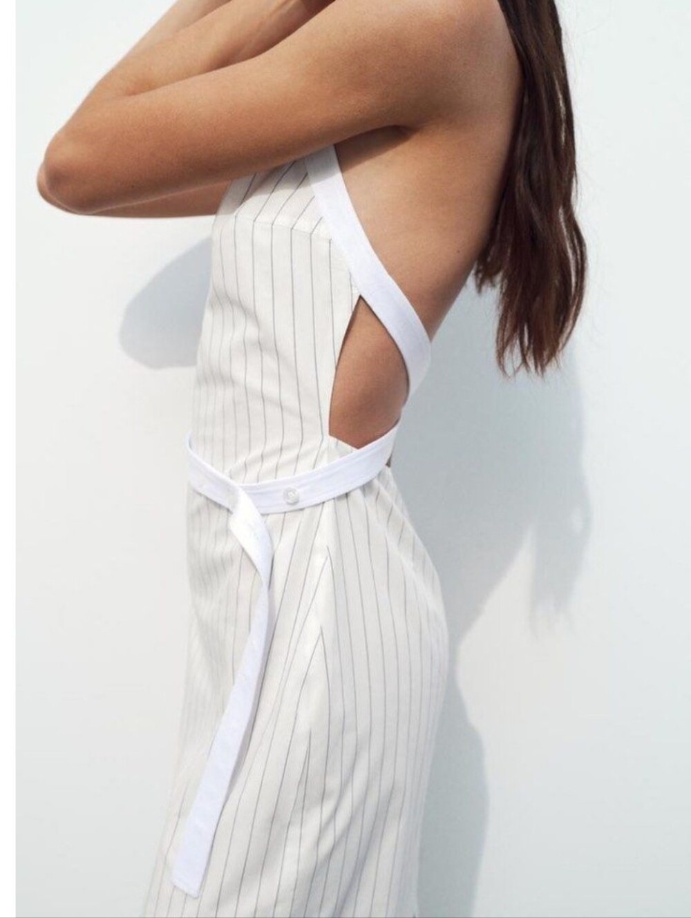 XS NWT GABARDINE PINSTRIPE HALTER MIDI WHITE RETRO LOOK OPEN BACK DRESS - Picture 5 of 5